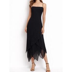 VTG Laundry Shelli Segal Black Silk Slip Dress Asymmetrical Whimsy Goth 90s 12